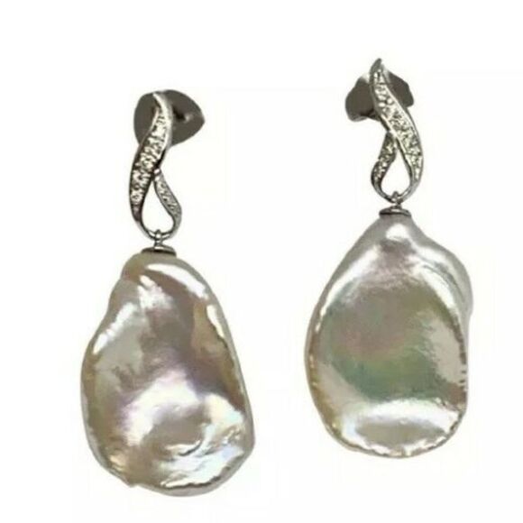 Diamond Large Fresh Water Pearl Earrings Baroque 14k Gold Certified $1950 914369 - Picture 5 of 9